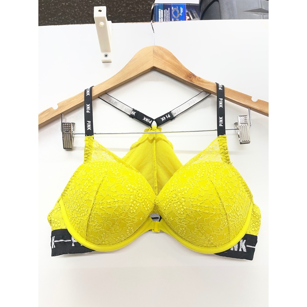 Victorias Secret PINK Neon Yellow Lace Front Close Push Up Bra Racerback 32B